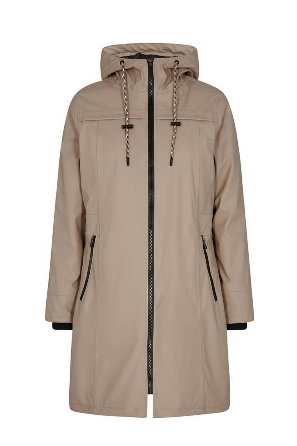 Beige dames FREEQUENT coated regenjas FQRAIN van polyethyleen met effen, lange mouwen, capuchon, ritssluiting en tunnelkoord
