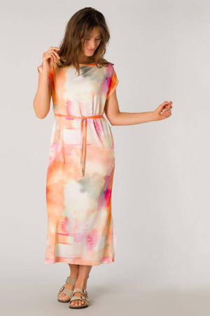 jurk met all over print en ceintuur zand/oranje/roze