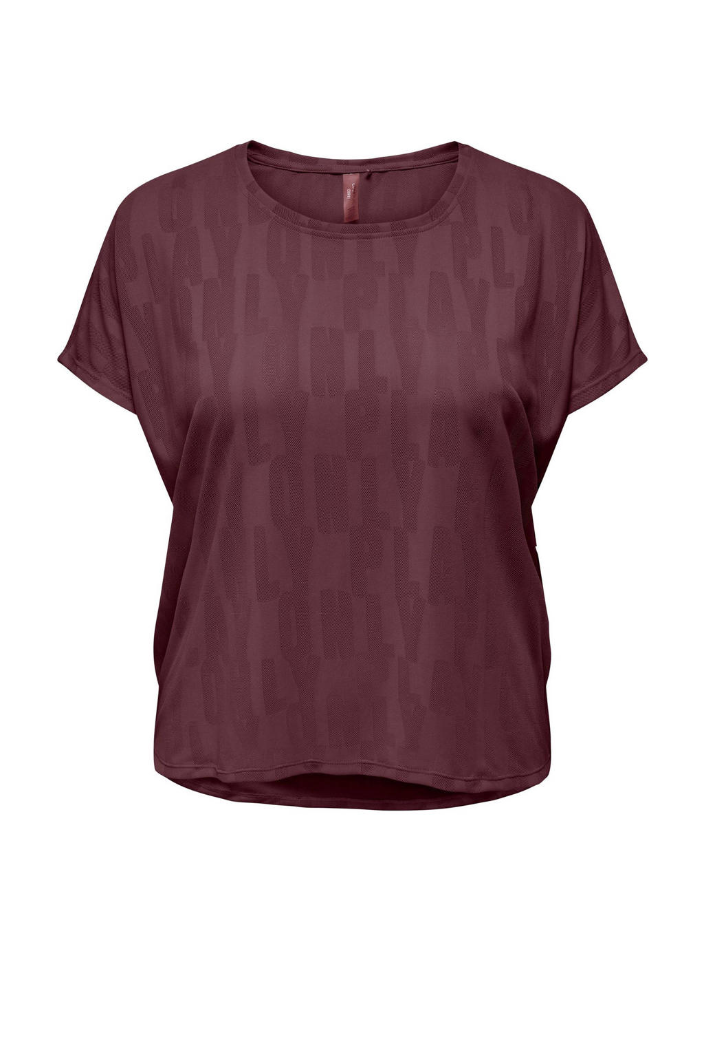 Donkerrode dames ONLY PLAY CURVY Plus Size sport T-shirt met tekst print, kapmouwtjes en ronde hals