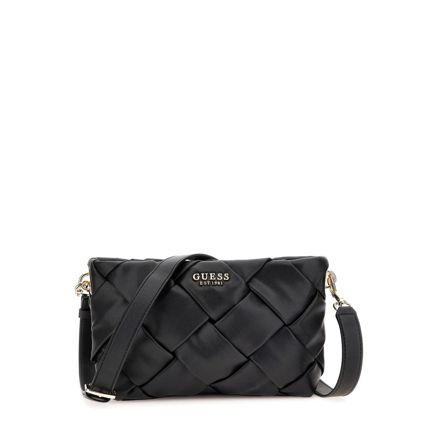 Guess Gevlochten leren tas met metalen logo Black Dames