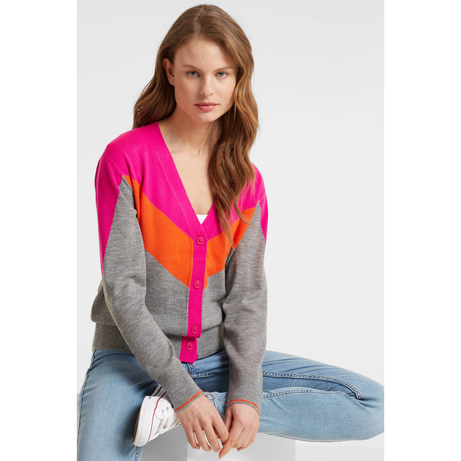 anytime colourblock vest roze oranje grijs