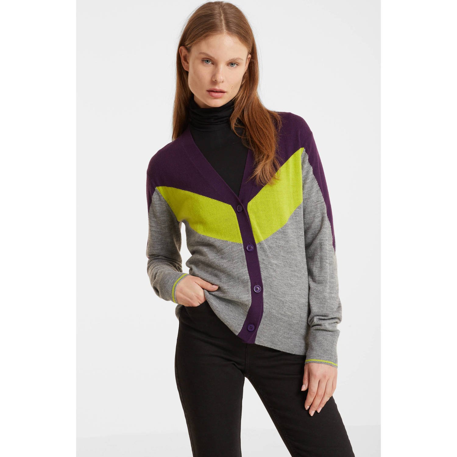 Anytime colourblock vest paars lime grijs