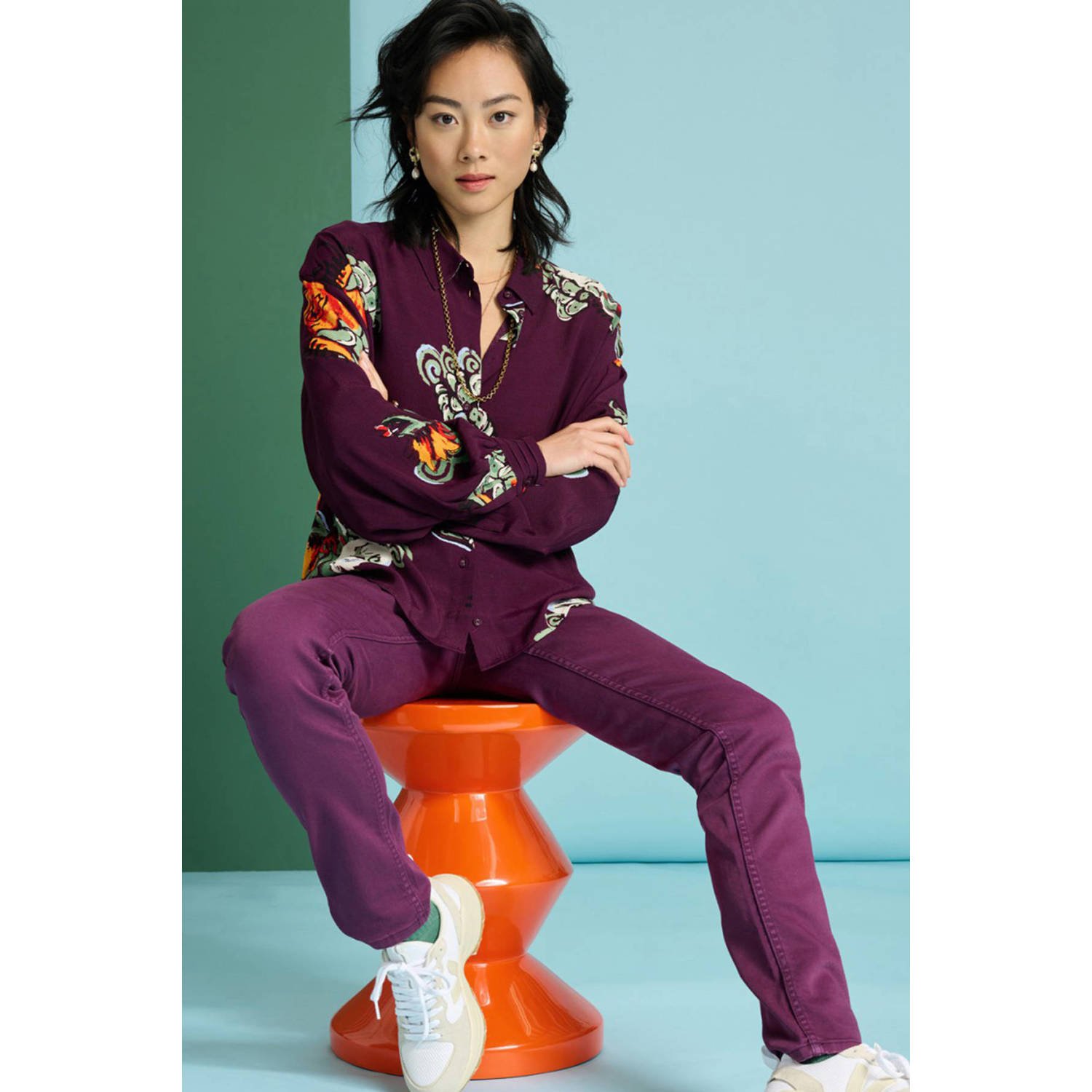 POM Amsterdam blouse met all over print aubergine groen oranje