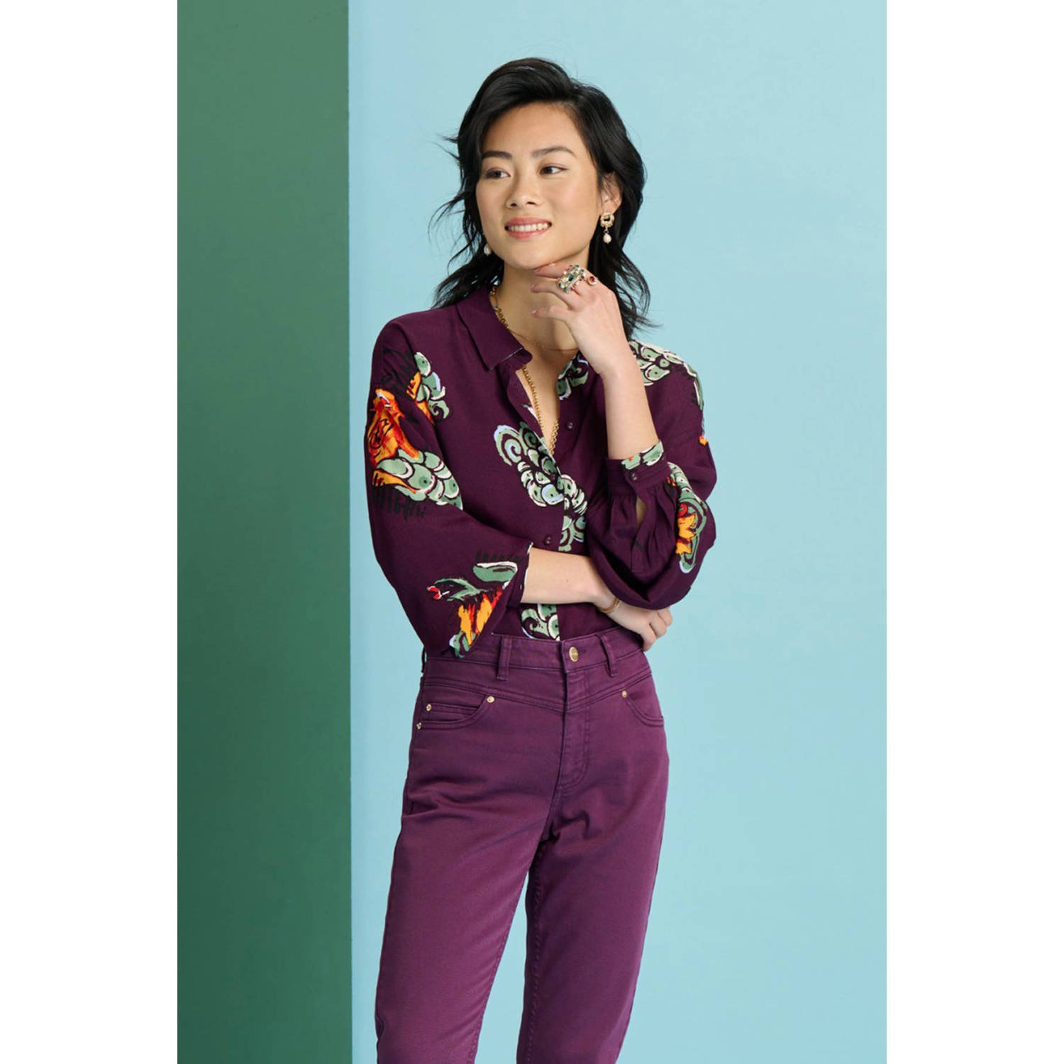 POM Amsterdam blouse met all over print aubergine groen oranje