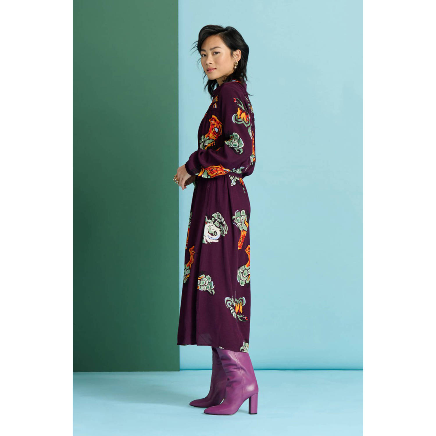 POM Amsterdam blousejurk met all over print en plooien aubergine groen oranje