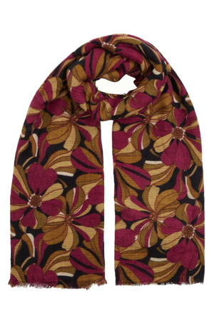 sjaal met bloemenprint zwart/rood/geel