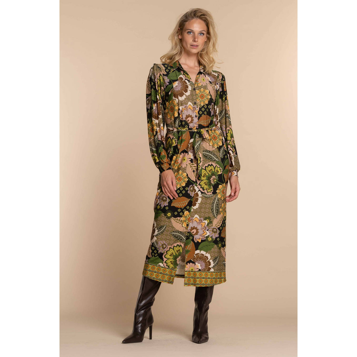 Geisha blousejurk met all over print groen bruin zwart