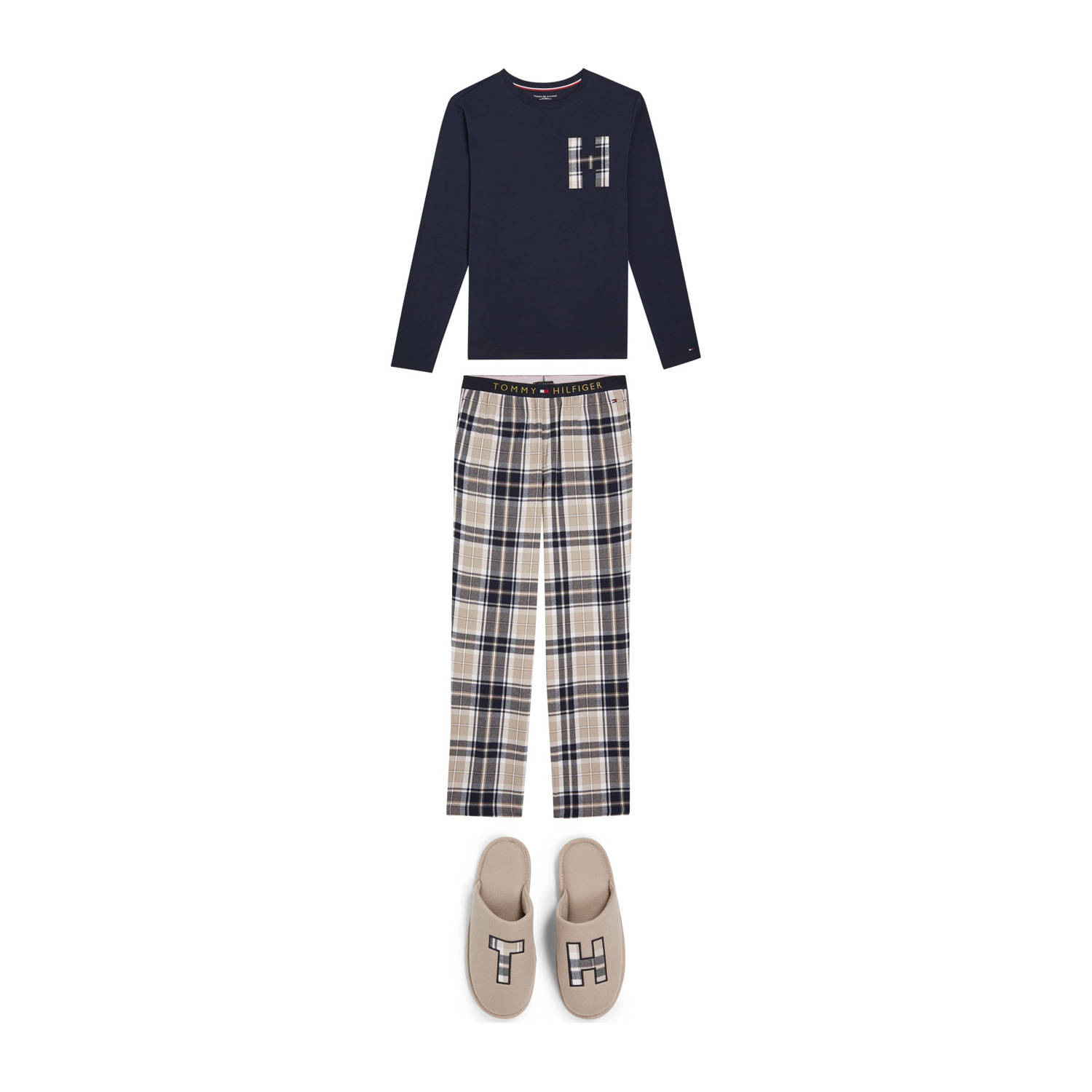 Tommy Hilfiger Underwear Pyjama LS PANT SLIPPERS SET FLANNEL in een geruit design (set 3-delig)