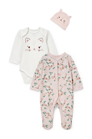 boxpak + romper + mutsje roze/ecru