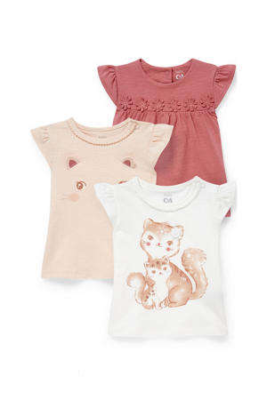 T-shirt - set van 3 wit/zalm/roze