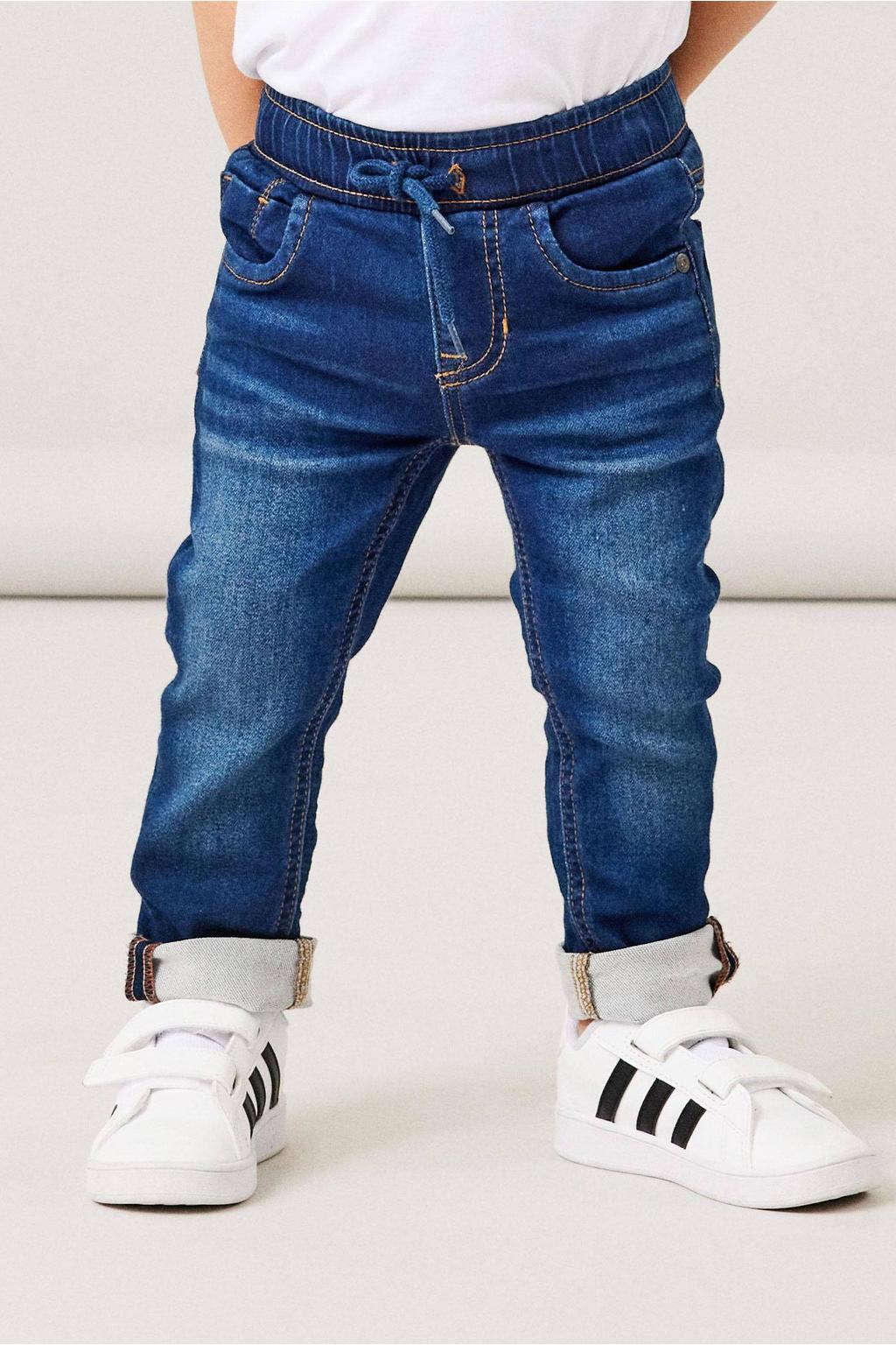 Dark blue denim jongens NAME IT MINI slim fit jeans van katoen met regular waist en effen
