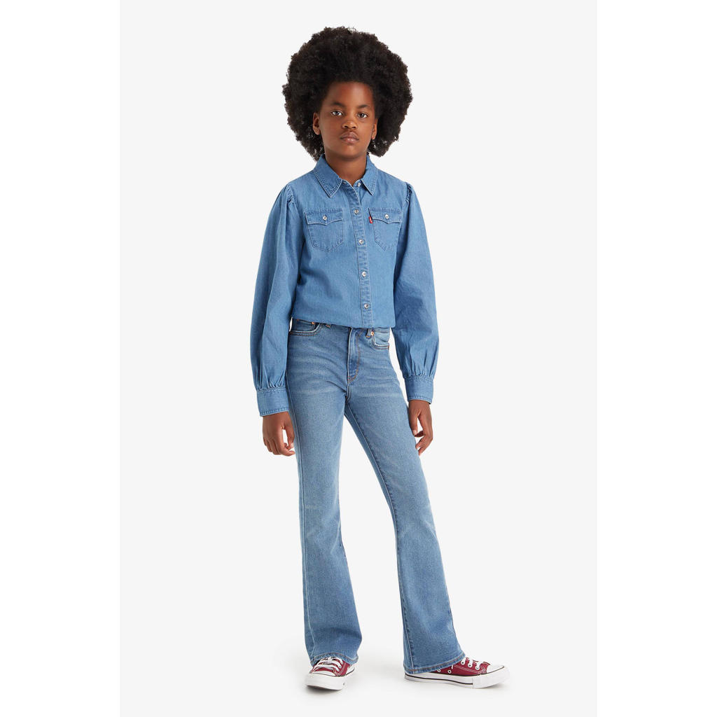 Medium blue denim meisjes Levi's Kids high waist flared jeans van stretchdenim met rits- en knoopsluiting
