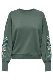 thumbnail: Groene dames ONLY gebloemde sweater van katoen met lange mouwen, ronde hals en borduursels