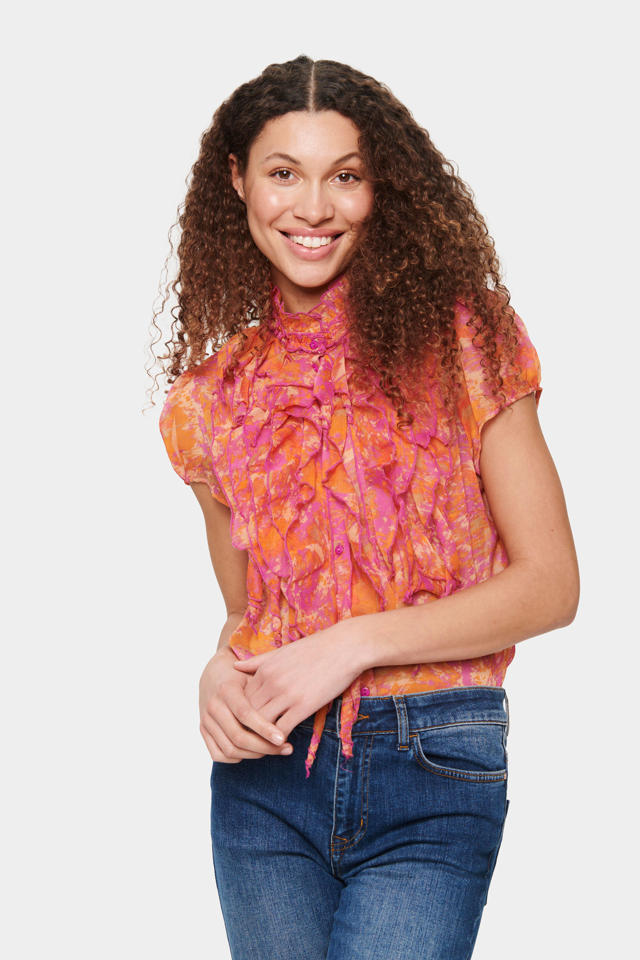 Saint Tropez geweven blouse met stippen en roze/oranje | wehkamp