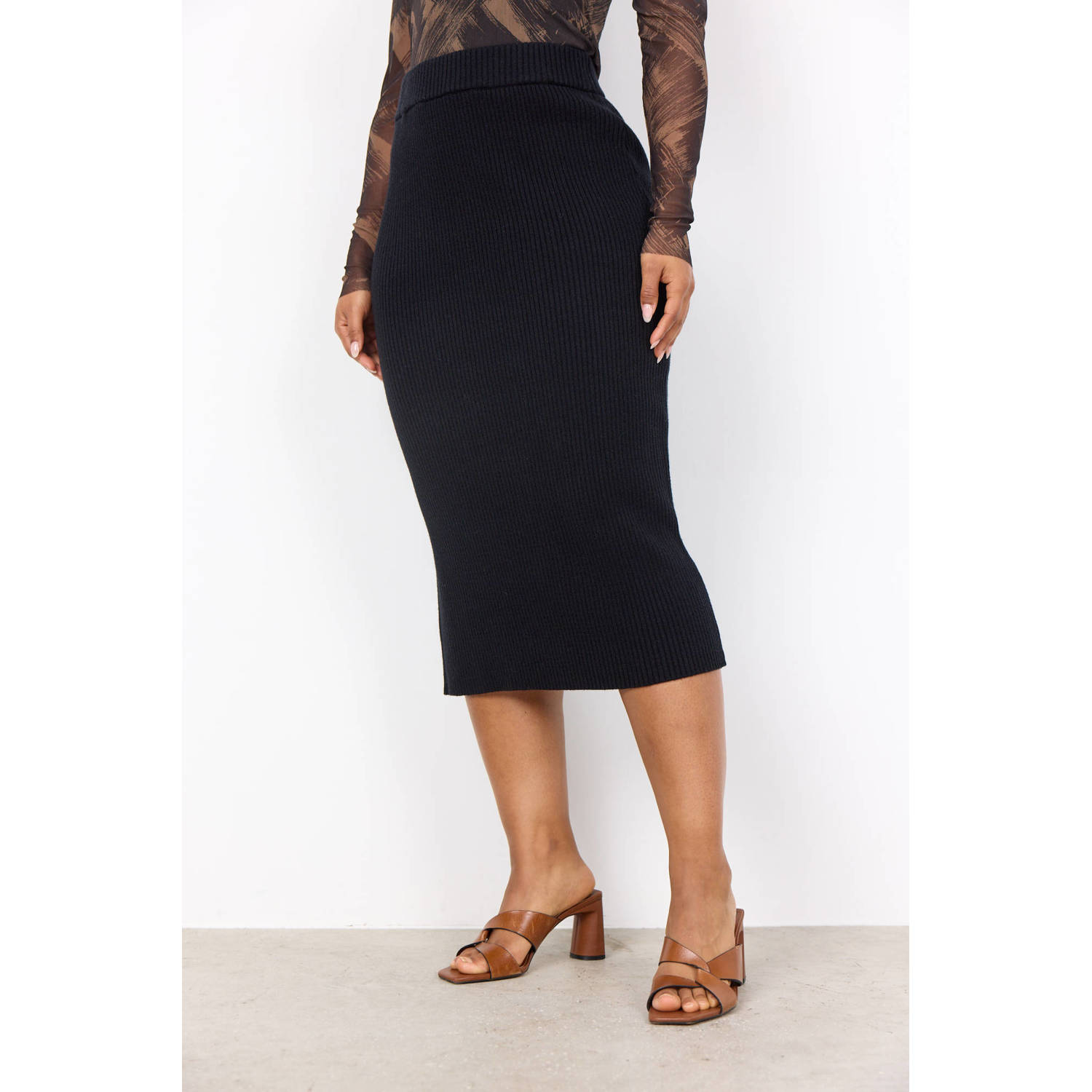 Soyaconcept Moderne Geribbelde Midi Rok Zwart Black Dames