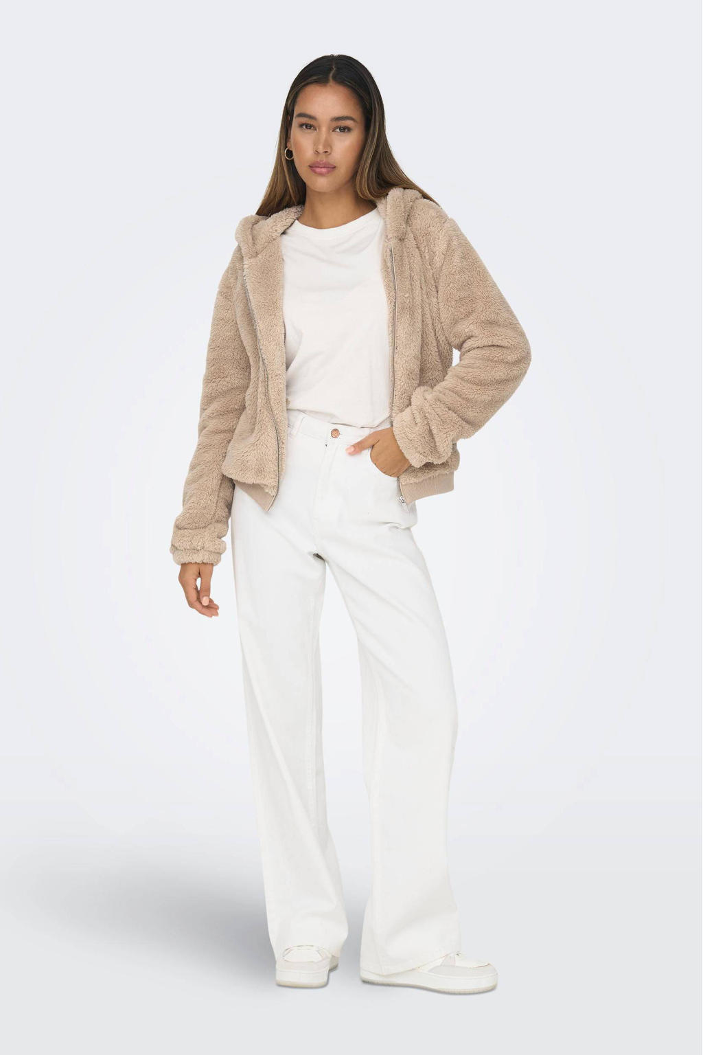 Beige dames ONLY teddy jas van polyester met effen, lange mouwen, capuchon en ritssluiting