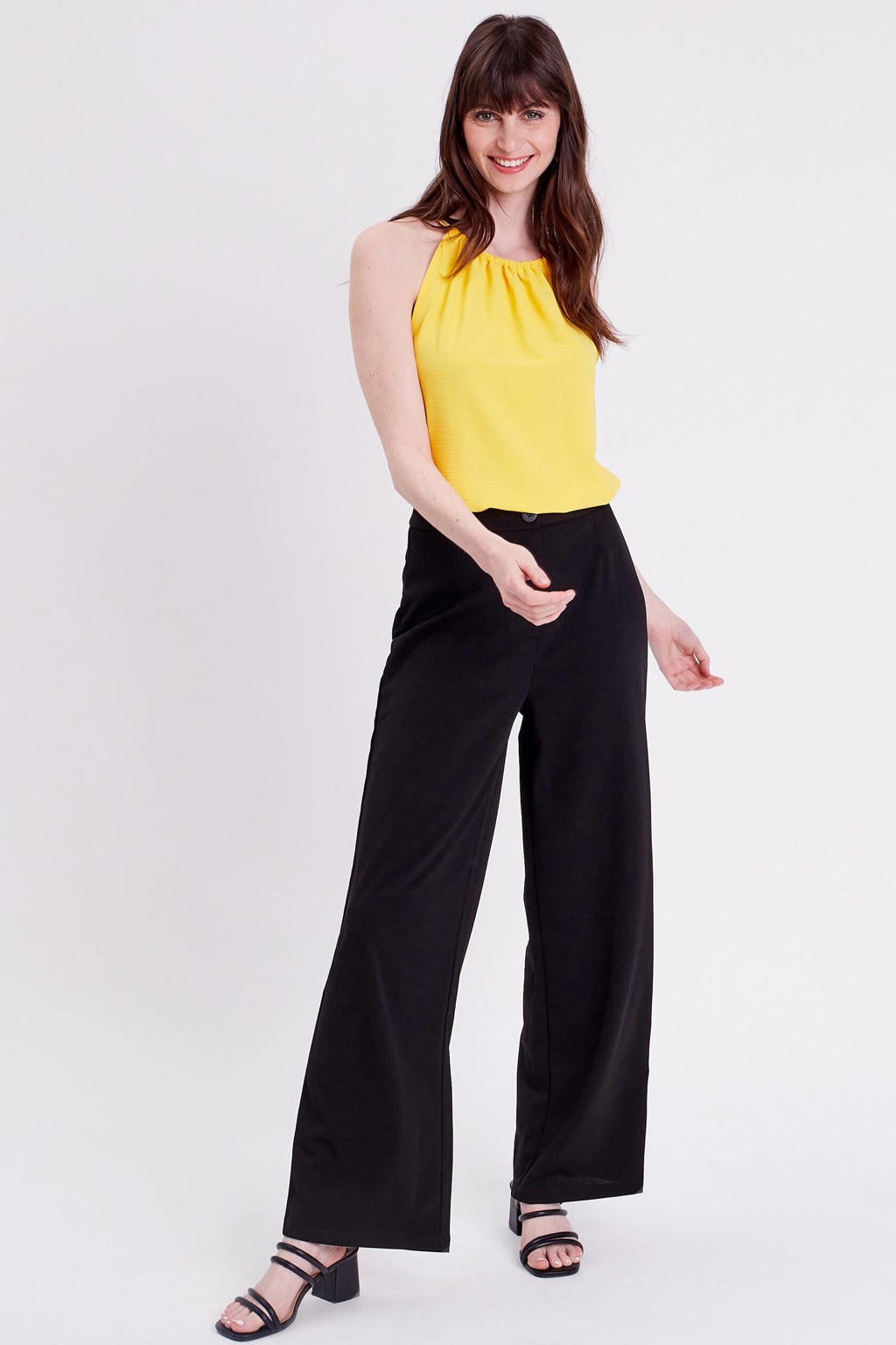 Zwarte dames Cache Cache high waist wide leg pantalon met rits- en knoopsluiting en effen