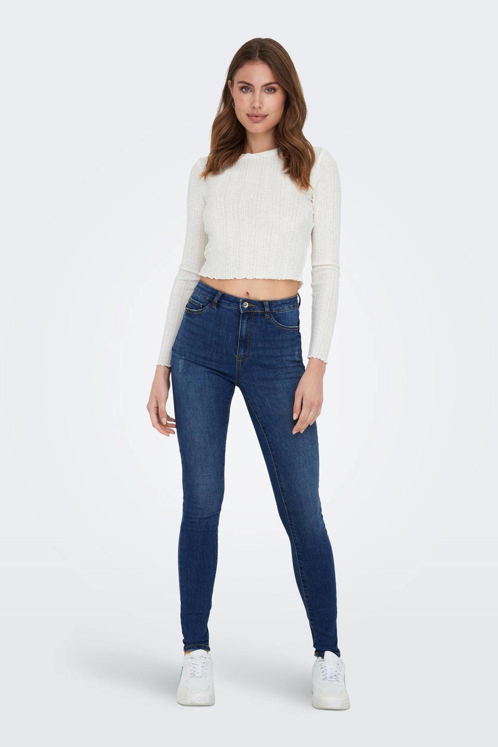 Medium blue denim dames ONLY high waist skinny jeans van katoen met rits- en knoopsluiting