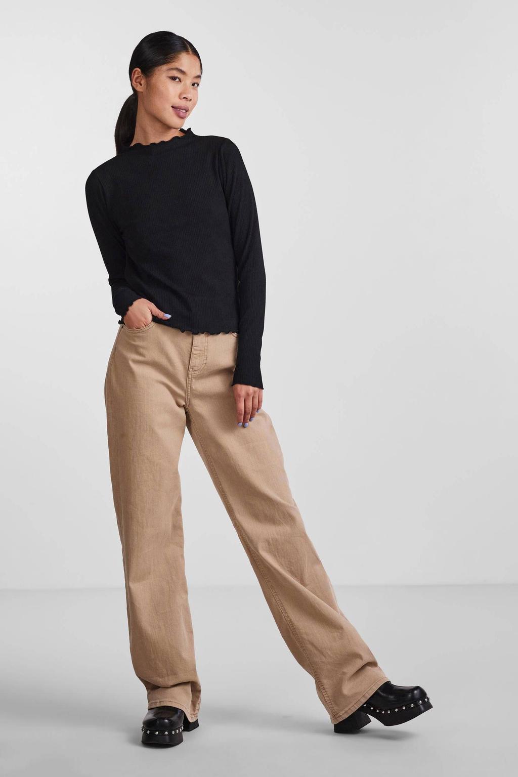 Zwarte dames PIECES ribgebreide top van viscose met effen en lange mouwen
