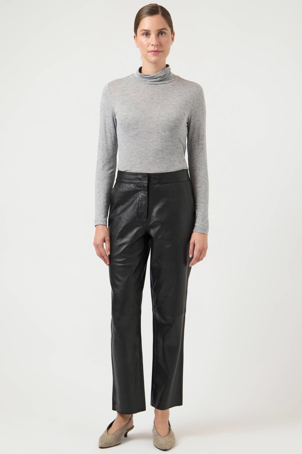 YAS leren high waist straight fit broek YASLINE zwart