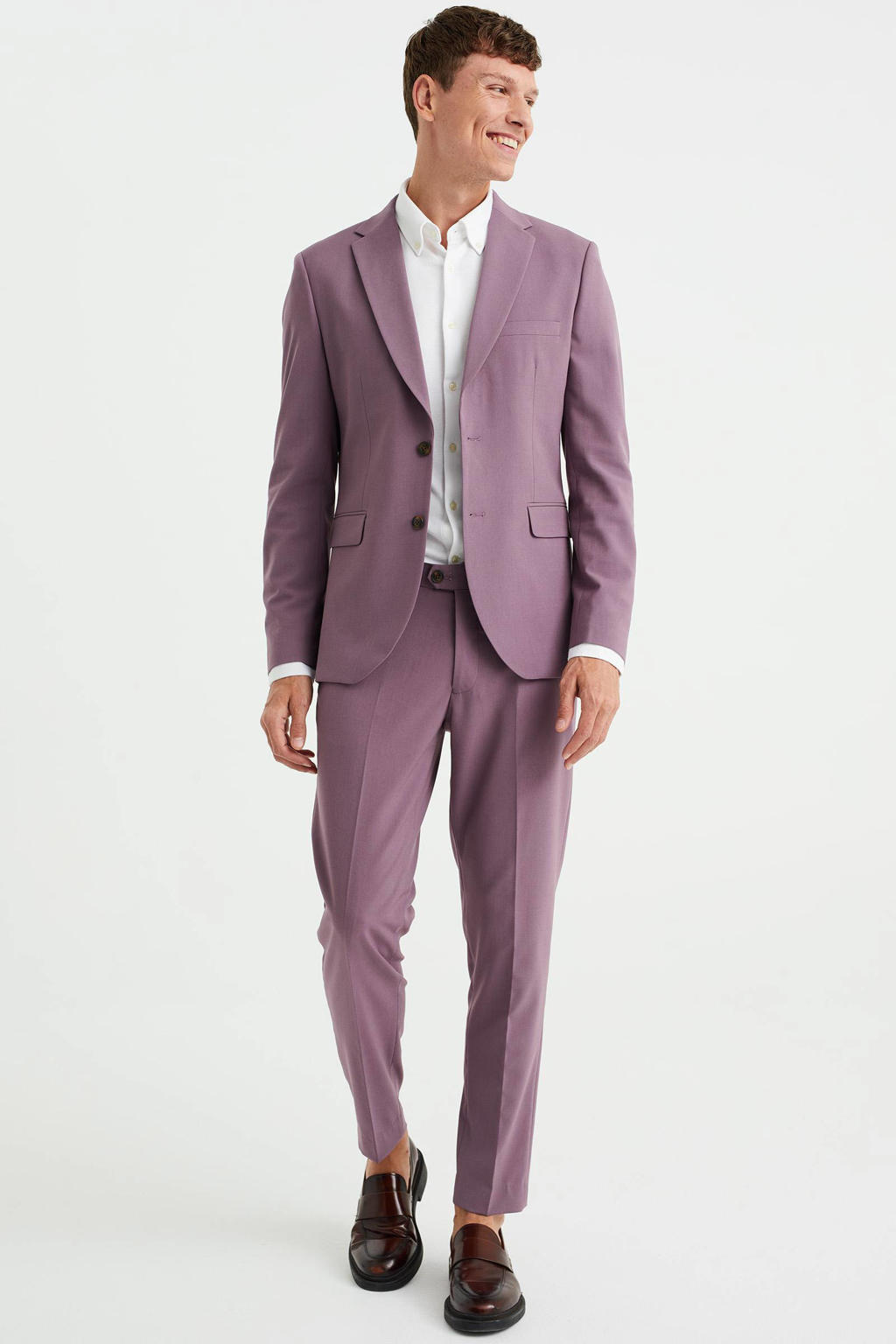 Paarse heren WE Fashion slim fit colbert waterfall van polyester met reverskraag