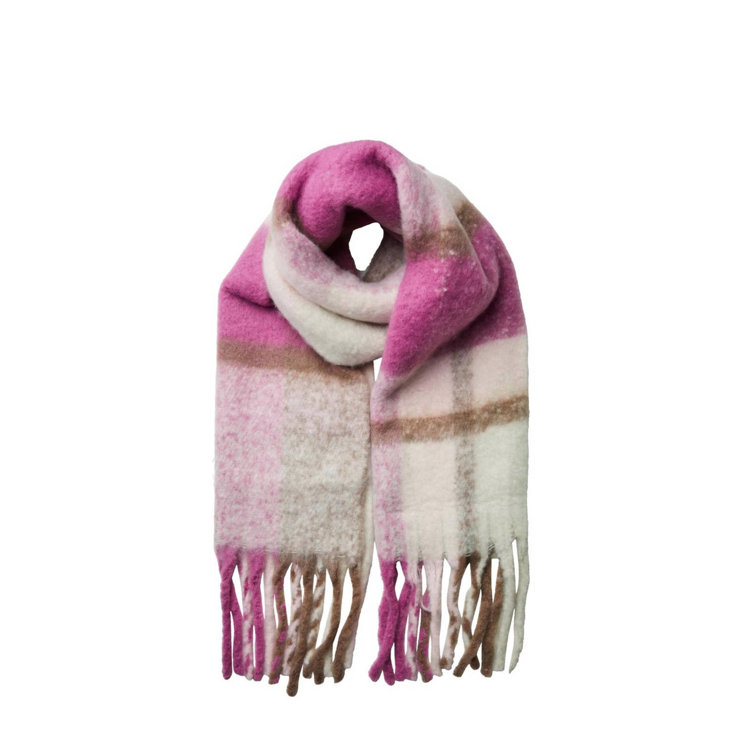 PIECES geruite sjaal met franjes PCSIKOLE roze ecru
