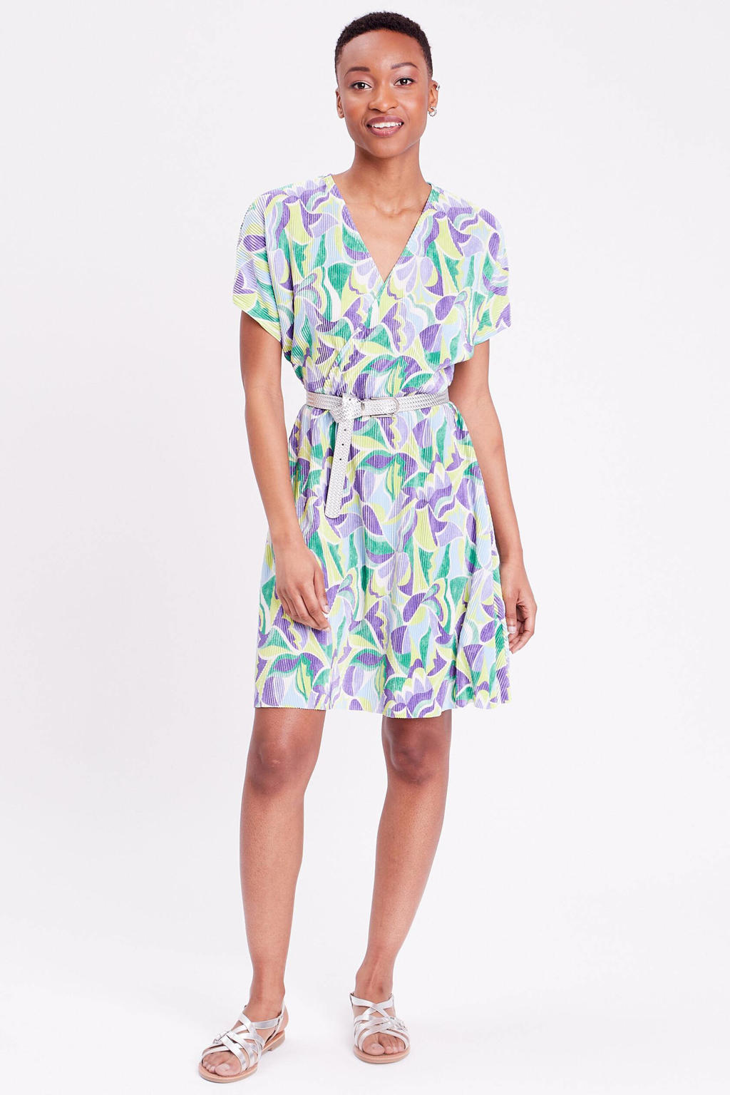 Cache Cache jurk met all over print en plooien lila/ geel Cache Cache jurk met all over print en plooien lila/ geel