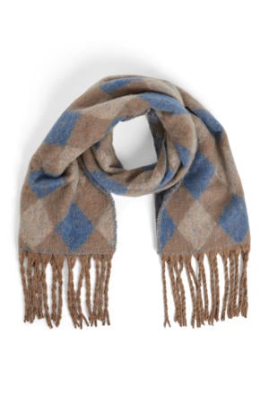 geruite sjaal met franjes VILEAH bruin/blauw
