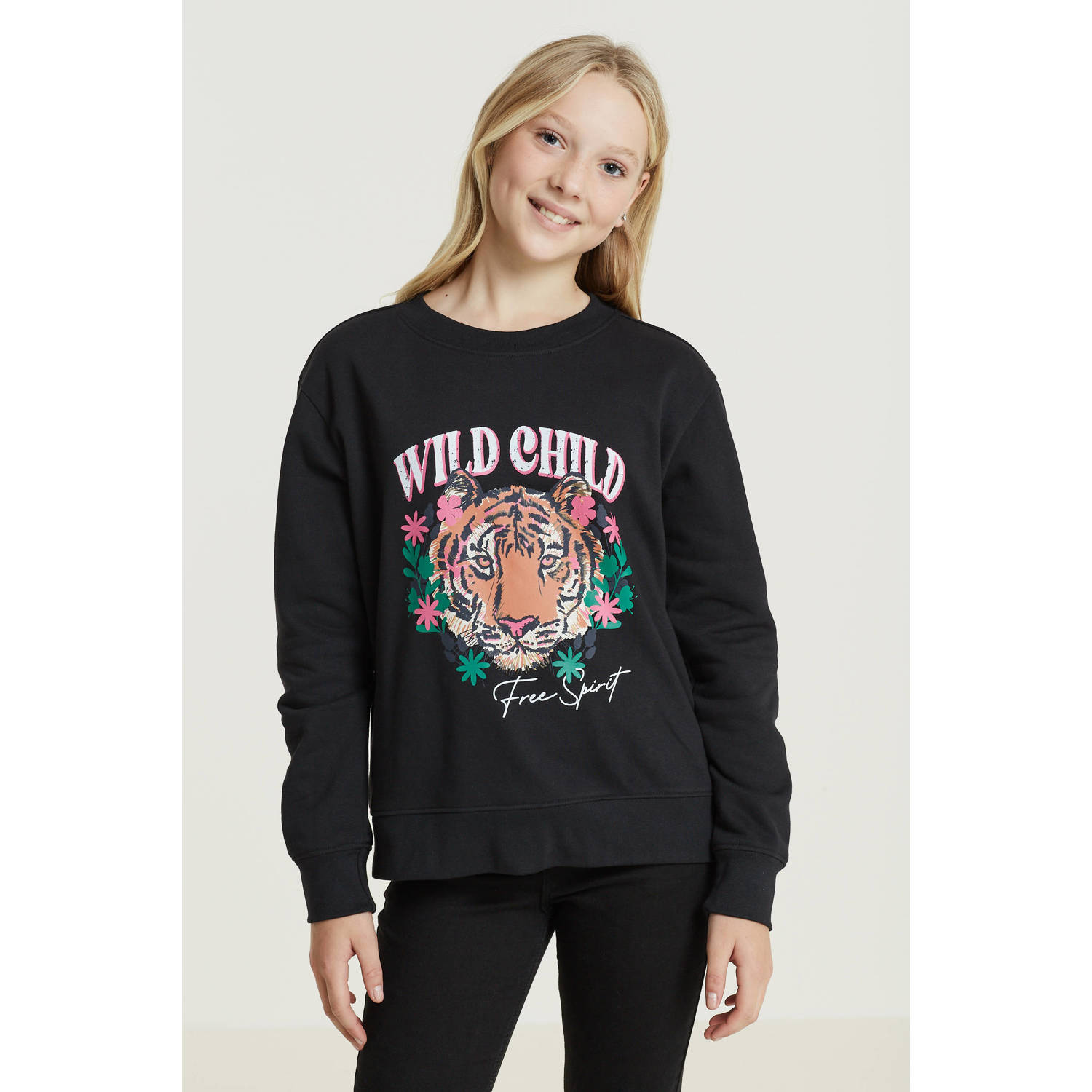 Anytime sweater met printopdruk zwart Trui Meisjes Katoen Ronde hals Printopdruk 134 140