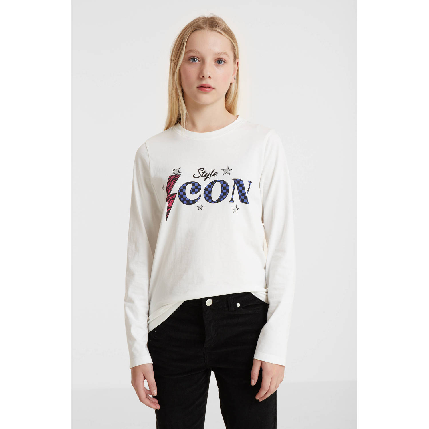Anytime longsleeve met tekstopdruk wit Meisjes Katoen Ronde hals Tekst 110 116