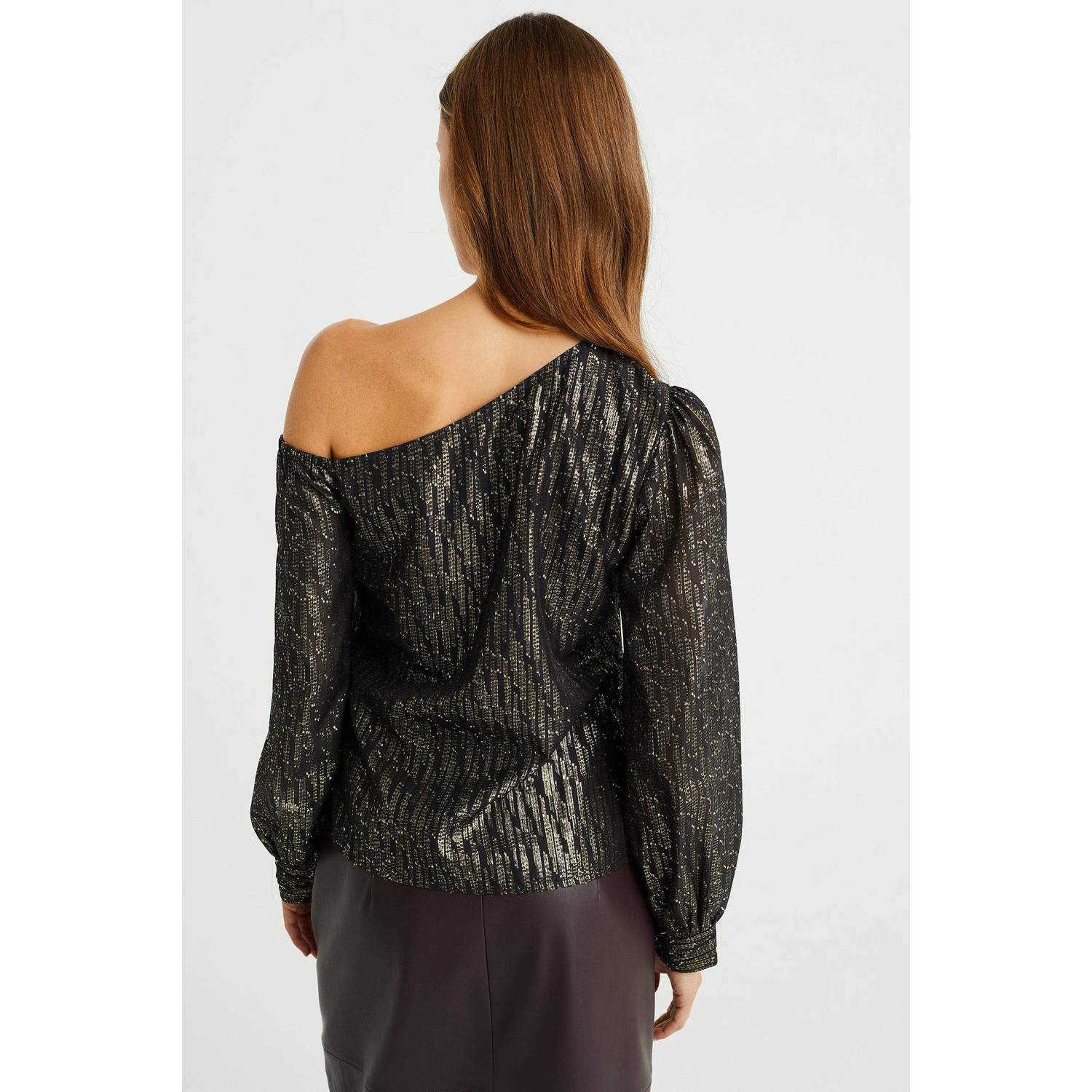 WE Fashion one shouldertop met jacquard en textuur zwart goud