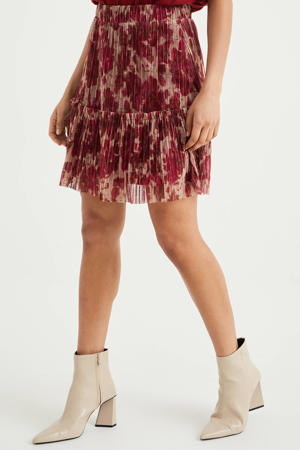 semi-transparante rok met all over print en plooien rood/ecru