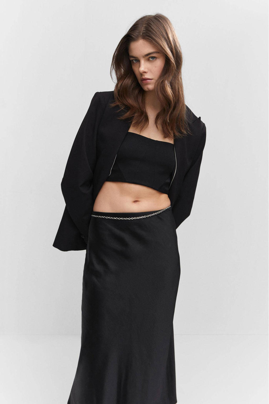 RSBFK Kunstlederen rok voor dames, hoge taille, rekbare potloodrokken, midi- rok met split aan de voorkant, Zwart, S