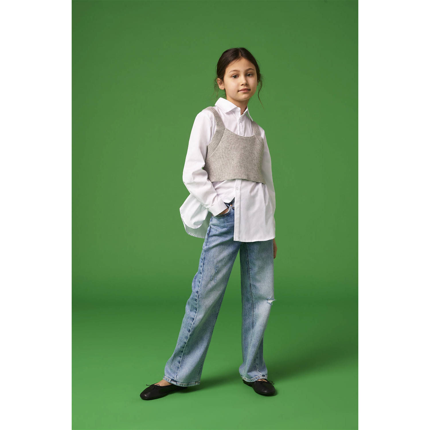 ONLY KIDS GIRL wide leg jeans KOGASTA BARREL met slijtage light medium blue denim
