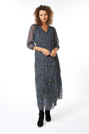 semi-transparante jurk met all over print en ceintuur blauw/paars