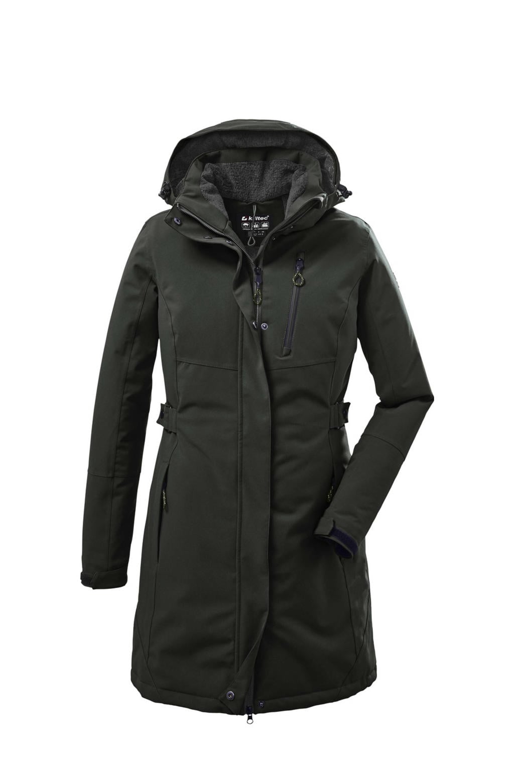 Donkergroene dames Killtec parka van polyester met effen, lange mouwen, capuchon en 2-way rits