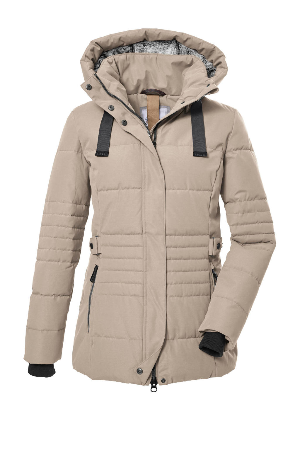Beige dames G.I.G.A. DX gewatteerd jack van polyester met effen, lange mouwen, capuchon en 2-way rits