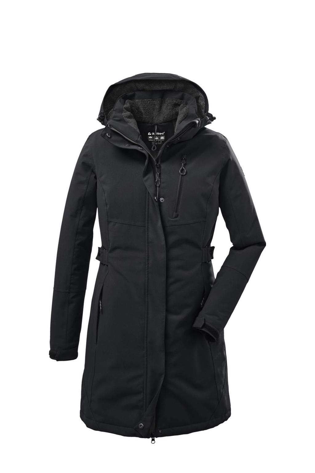 Zwarte dames Killtec parka van polyester met effen, lange mouwen, capuchon en 2-way rits