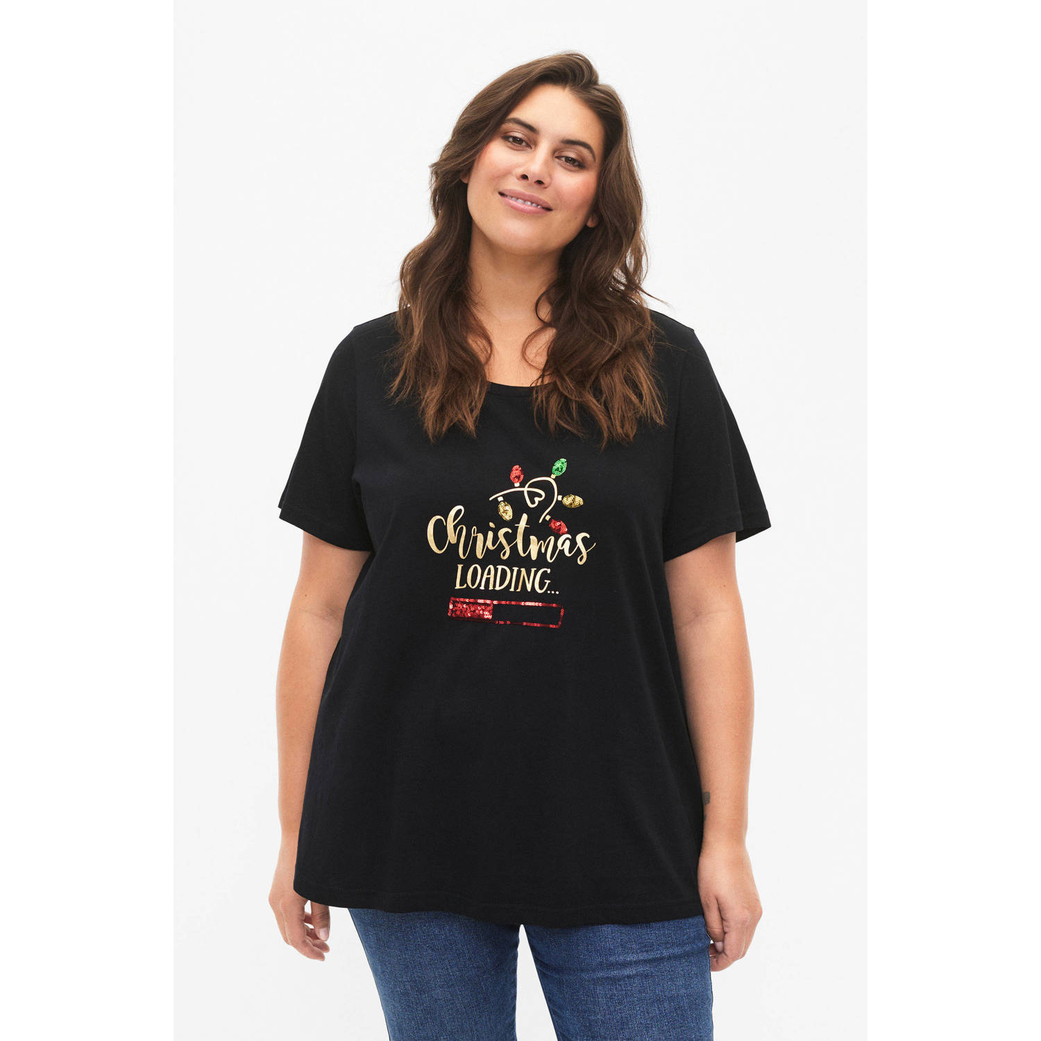 Zizzi T-shirt MCHRISTMAS met printopdruk en pailletten zwart goud