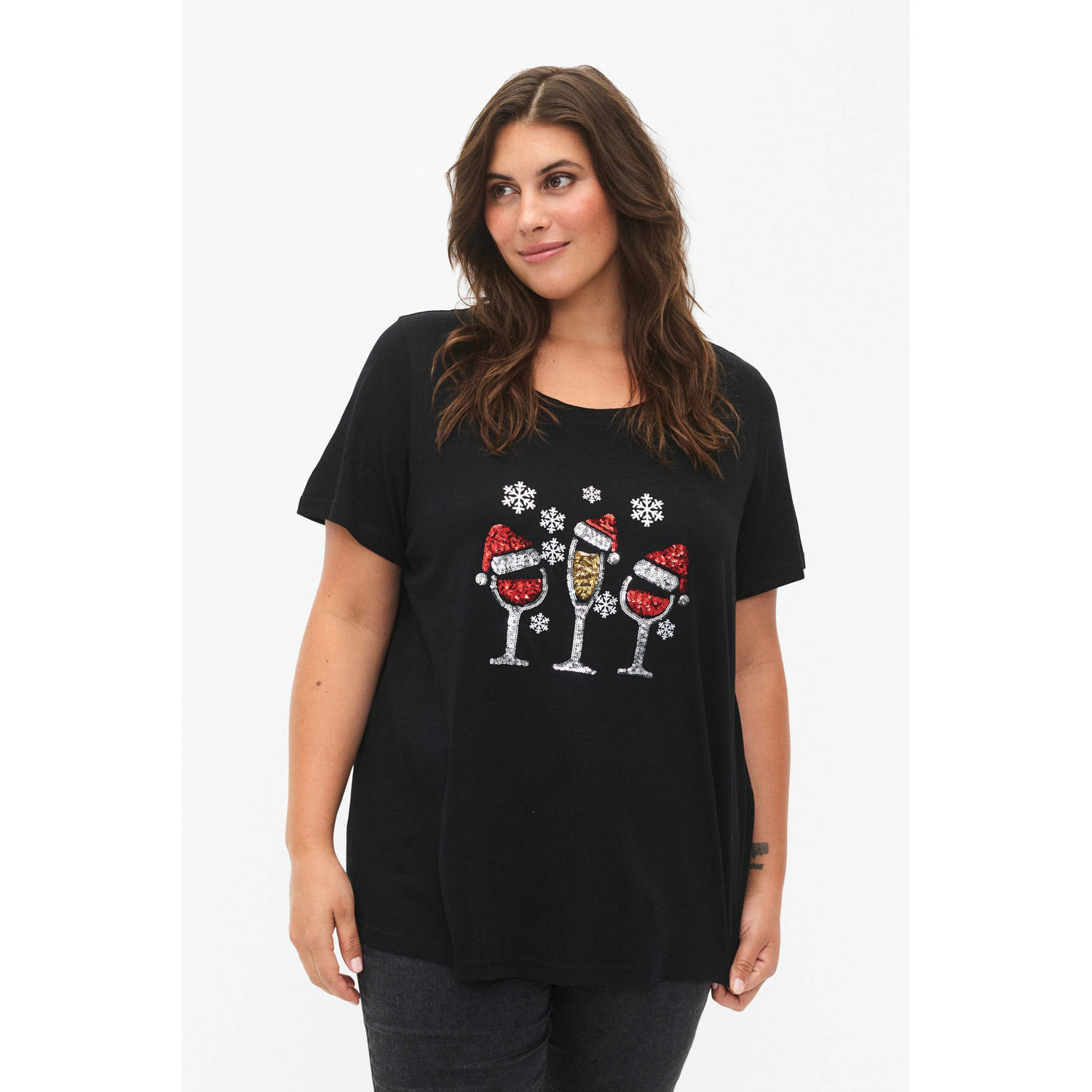 Zizzi T-shirt MCHRISTMAS met printopdruk en pailletten zwart rood