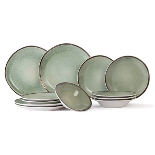Wehkamp Cosy & Trendy Cosy & Trendy Serviesset Fez - Groen 12-delig / 4 personen - 4 dinerborden, 4 ontbijtborden en 4 diepe borden aanbieding
