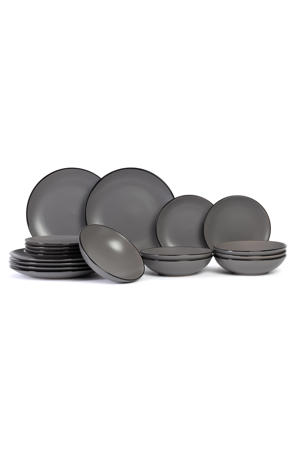 Serviesset Speckle - Grijs 18-delig / 6 personen - 6 dinerborden, 6 diepe borden en 6 ontbijtborden