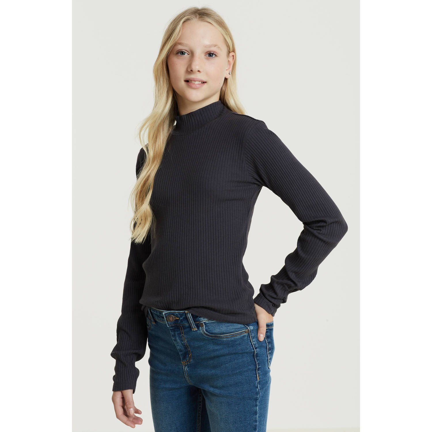 Anytime ribgebreide longsleeve donkerblauw grijs Meisjes Katoen Opstaande kraag 110 116