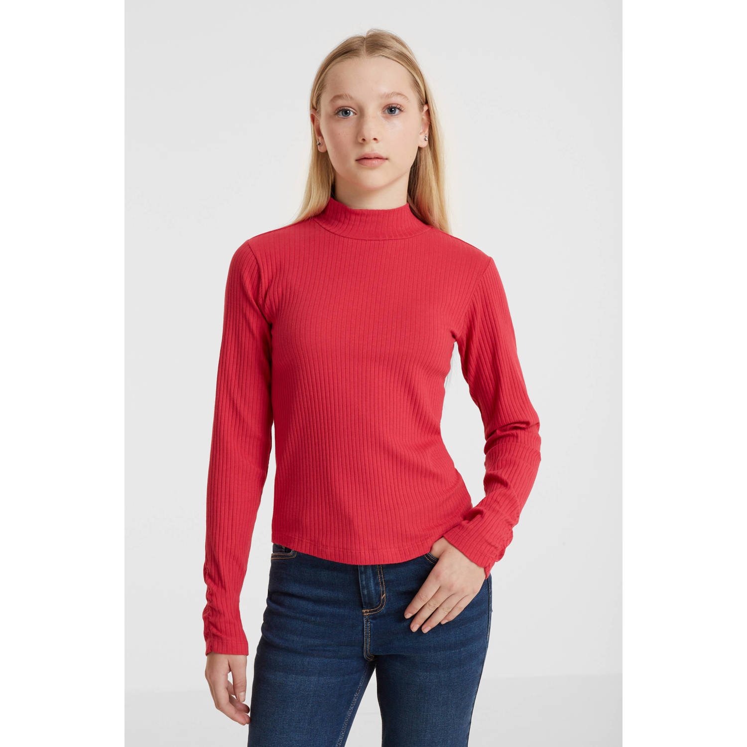Anytime ribgebreide longsleeve roze Meisjes Katoen Opstaande kraag Effen 110 116