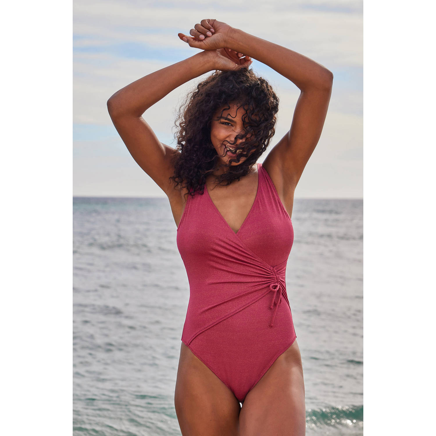 BEACHWAVE corrigerend badpak met overslag en lurex roze
