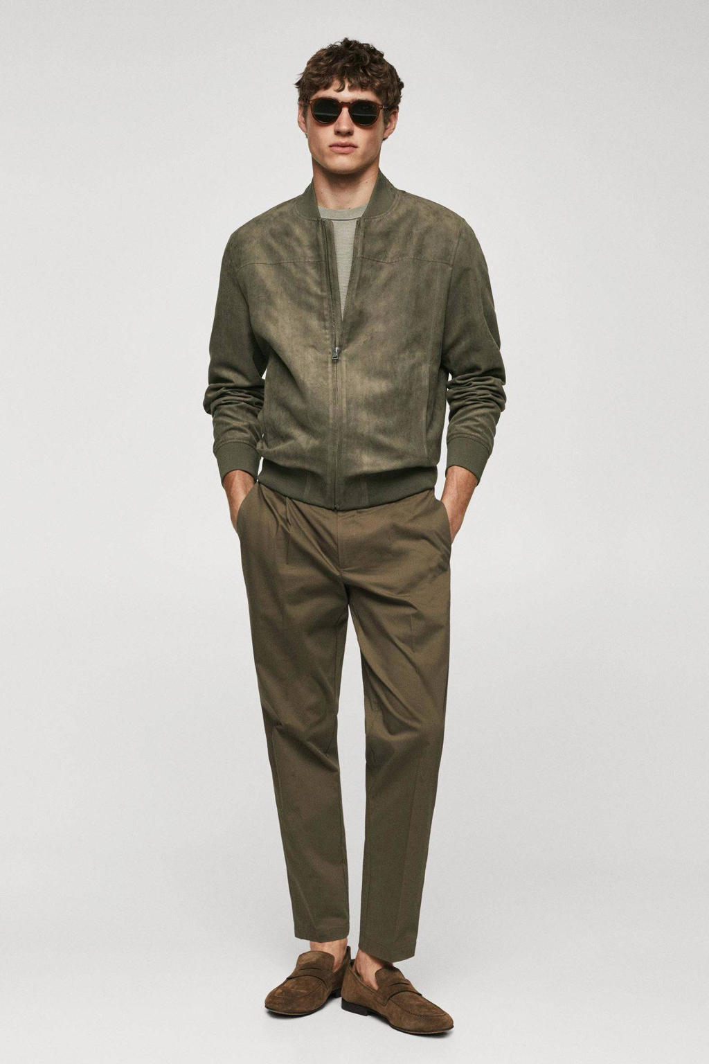 Groene heren Mango Man bomberjack zomer van polyester met lange mouwen, opstaande kraag en ritssluiting