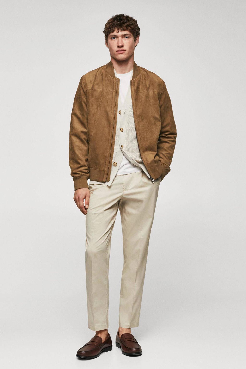 Bruine heren Mango Man bomberjack zomer van gerecycled polyester met lange mouwen, opstaande kraag en ritssluiting