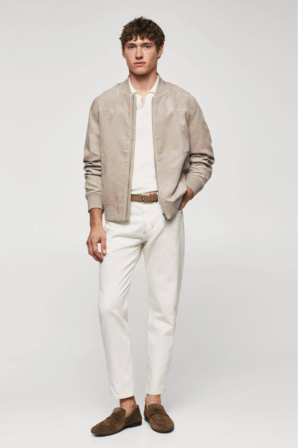Beige heren Mango Man bomberjack zomer van gerecycled polyester met lange mouwen, opstaande kraag en ritssluiting