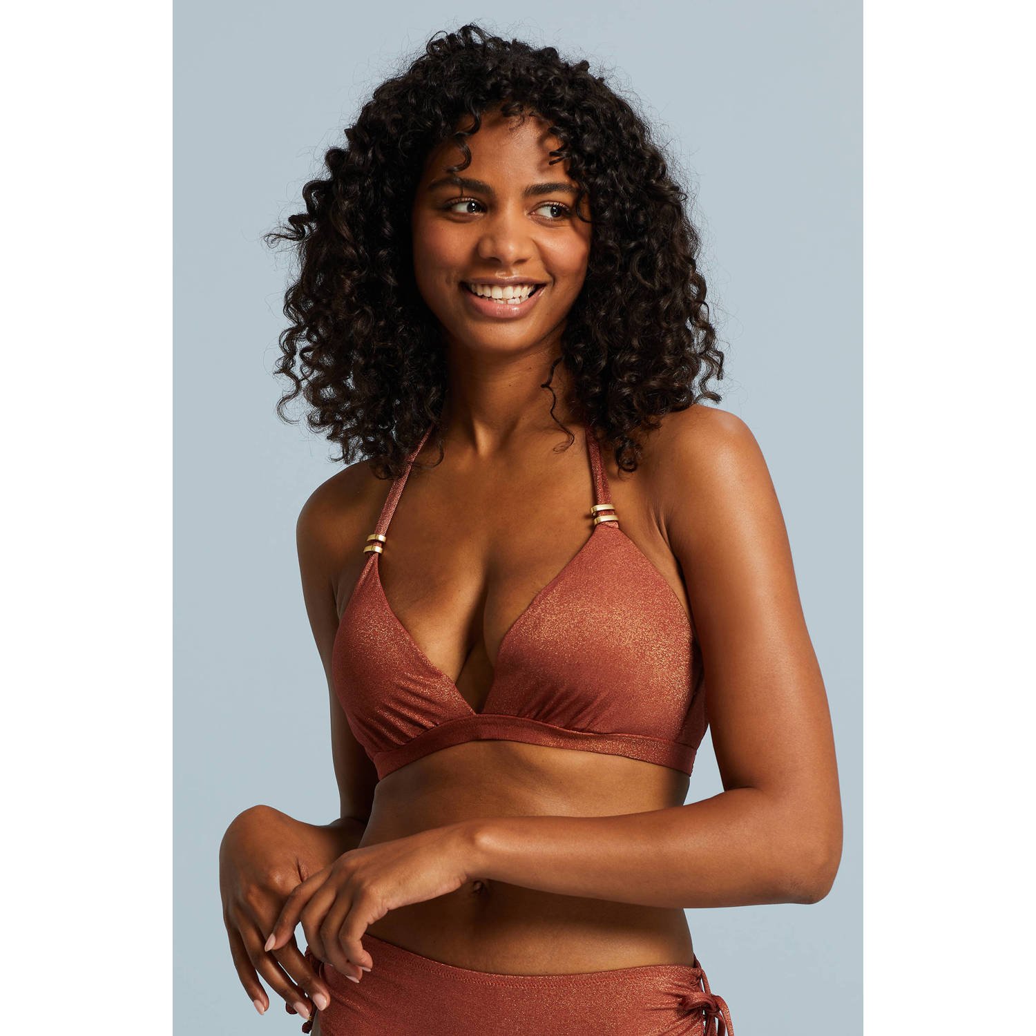 BEACHWAVE voorgevormde halter bikinitop met lurex brique