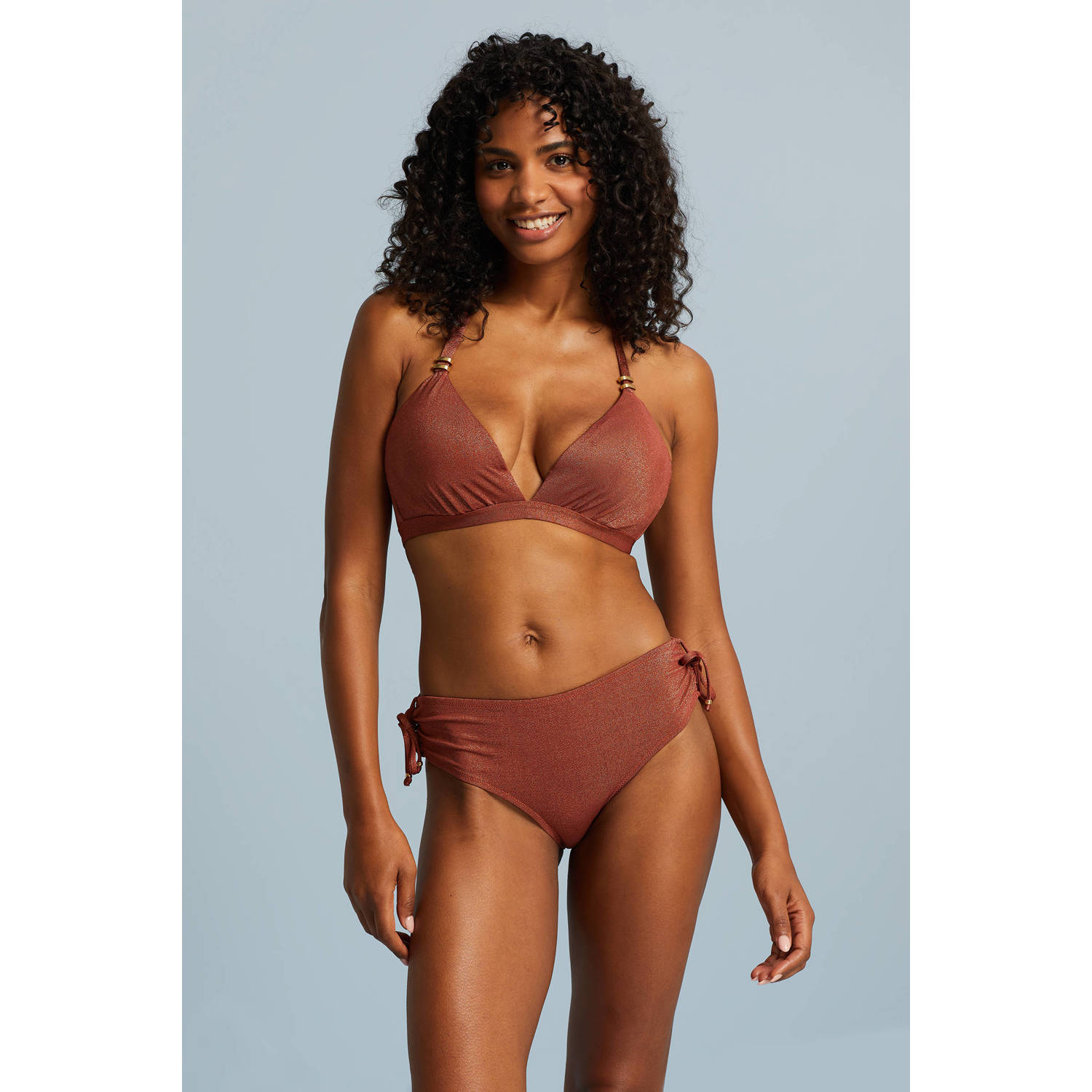 BEACHWAVE voorgevormde halter bikinitop met lurex brique